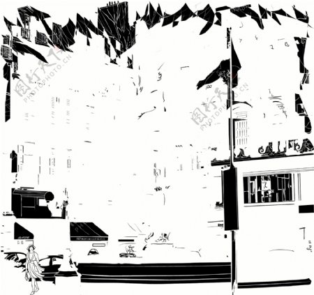 黑白手绘城市街景