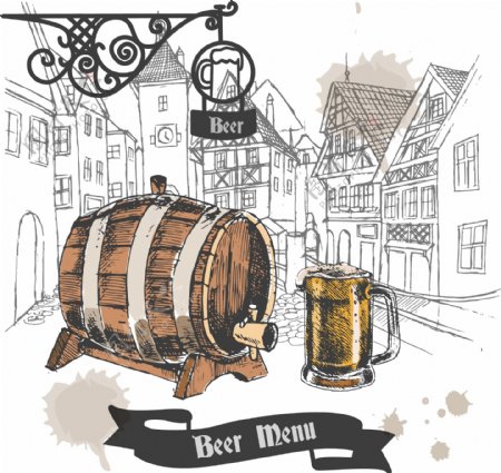 啤酒酒吧复古风格菜单设计广告海报橡木桶和全杯素描矢量插图