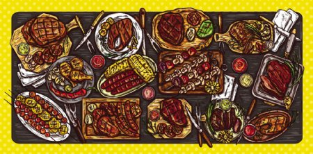 矢量插图烹饪旗帜烤肉背景烤肉香肠蔬菜和酱汁