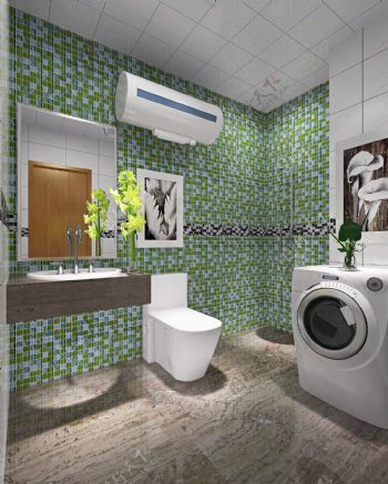 现代时尚绿色马赛克背景墙浴室室内装修