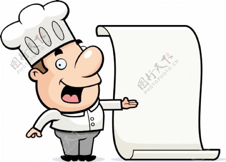 站在菜单旁边的可爱卡通厨师