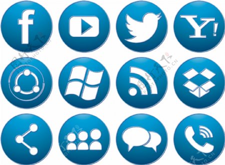 蓝色按钮社会媒体图标集