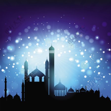 对背景虚化的夜空清真寺的剪影