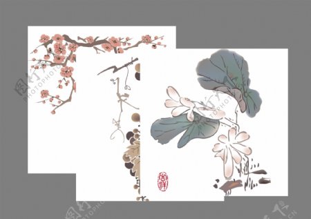 中国风梅葡萄菊花水墨写意三联装饰画