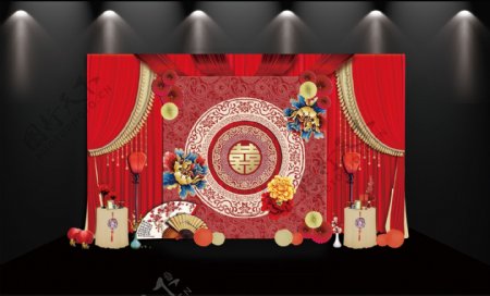 中式喜字红色婚礼留影区效果图