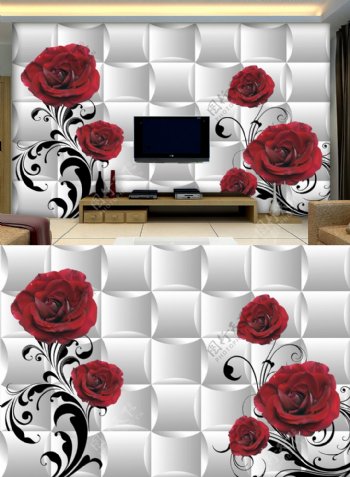 3D红玫瑰电视背景墙