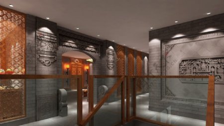 新中式风格餐饮商业空间楼梯效果图设计