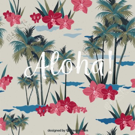 棕榈树和热带的水彩花卉装饰背景