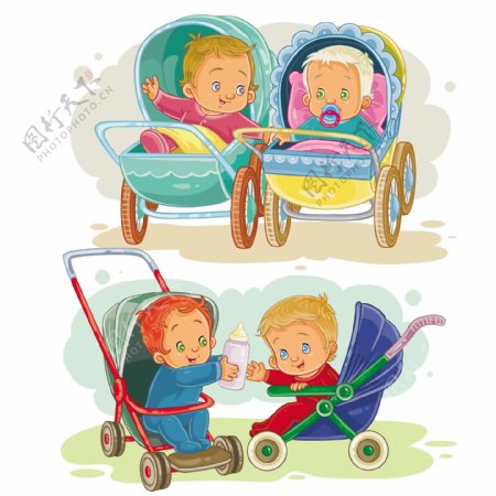 设置插图的小孩子在婴儿车和婴儿车