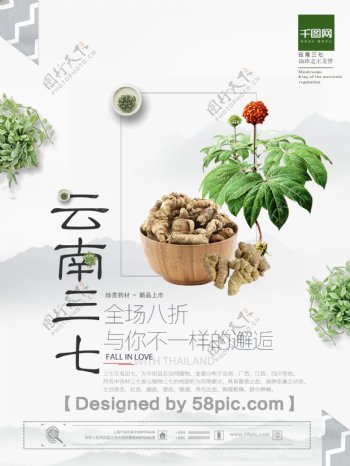 清新大气美食云南三七药材新品上市促销海报