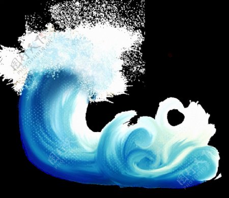 手绘漂亮蓝色卷起的海浪免抠png透明素材