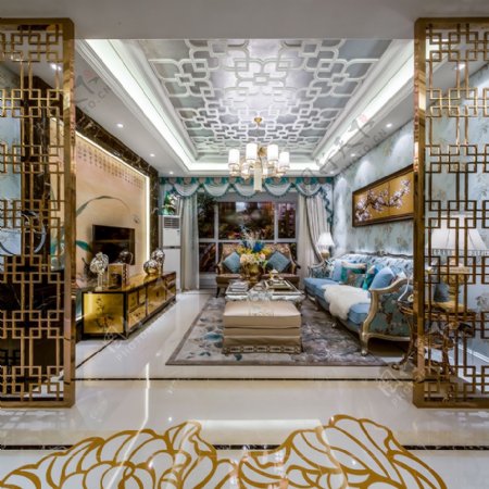 中式奢华金色镂空隔断客厅室内装修效果图