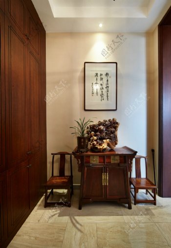 中式时尚室内柜子背景墙效果图