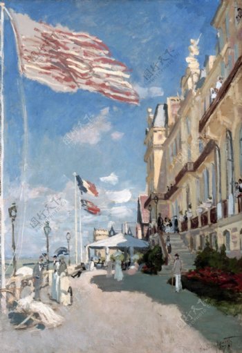旗帜飘扬的街道油画城市风景装饰画