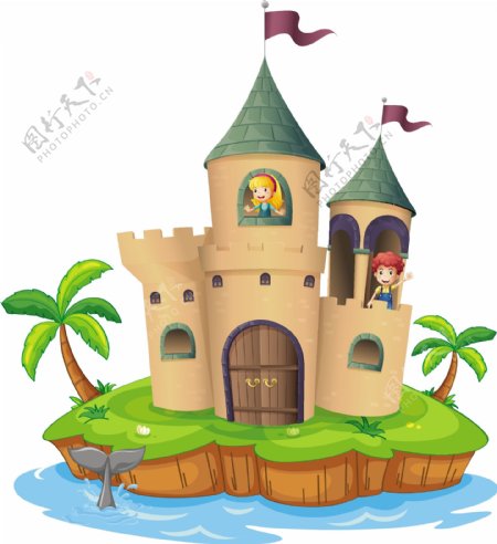 海岛上的城堡卡通插图矢量素材