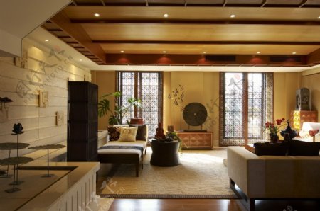 中式时尚客厅金色木制天花板室内装修效果图