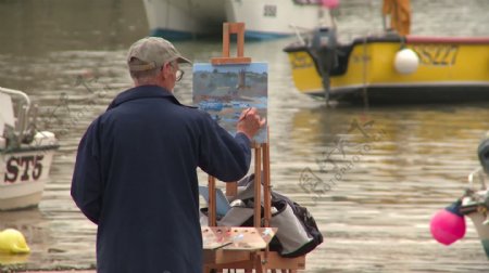 画家油画渔船圣艾夫斯