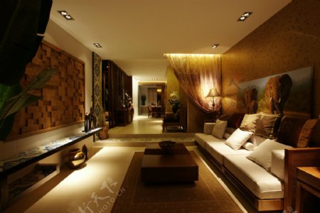 现代奢华深褐色背景墙客厅室内装修效果图