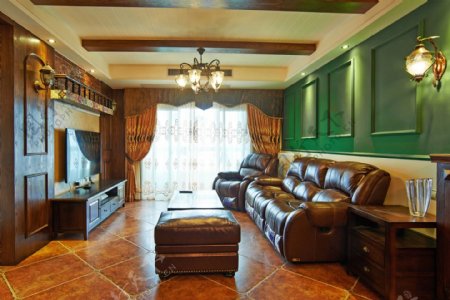 客厅美式绿色沙发背景装修效果图