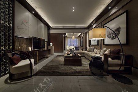 中式白色瓷砖地板客厅室内装修效果图