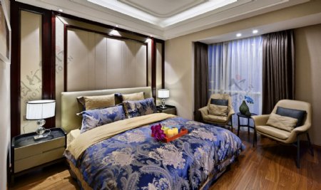 现代时尚卧室蓝白色花纹床品室内装修效果图