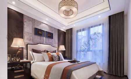 现代时尚卧室浅褐色窗帘室内装修效果图