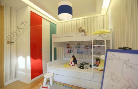 简约现代儿童房高低床卧室衣柜效果图