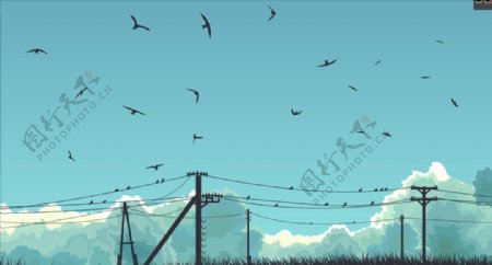 蓝天下的飞鸟和电线杆插画