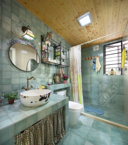 现代时尚浴室蓝灰色背景墙室内装修效果图