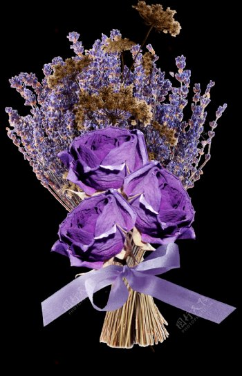 简单彩绘紫色干花花束png透明素材