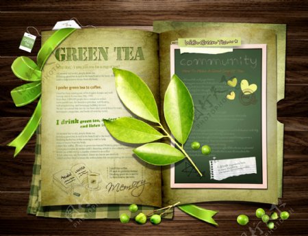 特别设计书本造型绿茶广告psd源文件