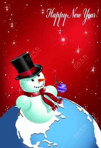 地球上的小雪人新年快乐海报背景
