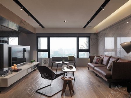现代清新客厅深褐色皮质沙发室内装修效果图