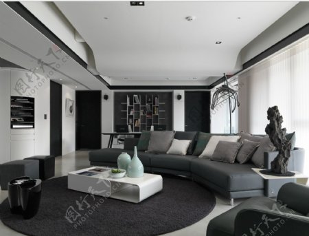 现代客厅褐色圆地毯室内装修效果图