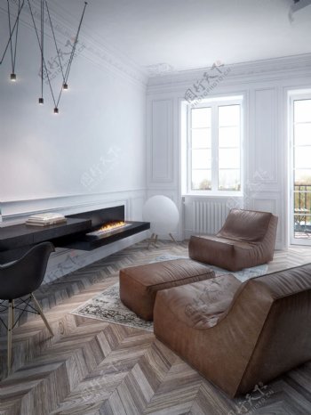 北欧极简客厅深褐色皮质沙发室内装修效果图