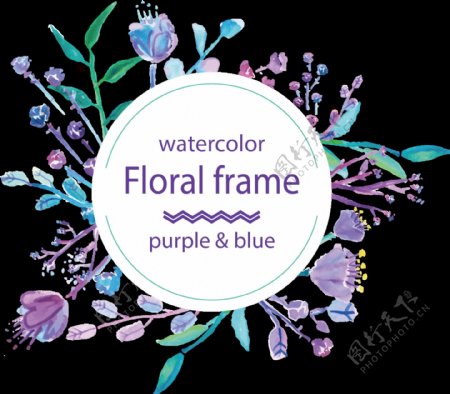 清新紫色圆形手绘花环装饰元素