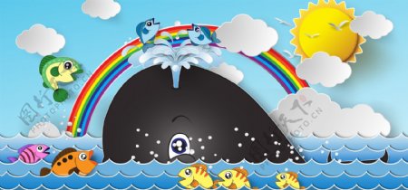 淘宝矢量小鱼大海鲸鱼彩虹卡通太阳云彩海报