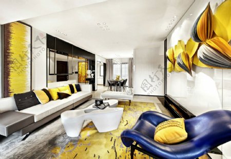 现代时尚客厅几何图案地毯室内装修效果图
