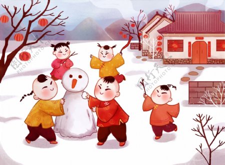 春节新年冬天一群儿童堆雪人插画素材
