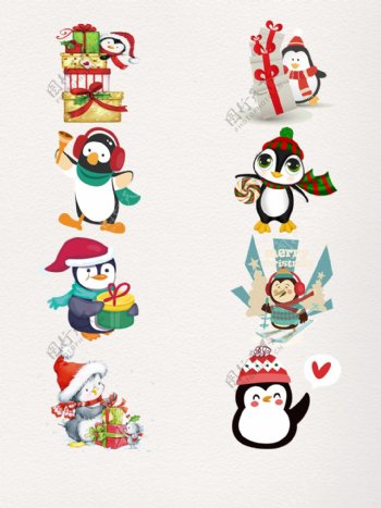 一组彩色圣诞节企鹅