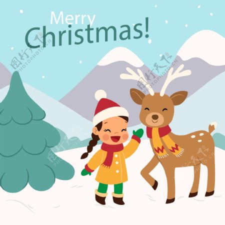 卡通圣诞风景背景与女孩和驯鹿