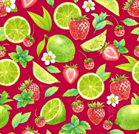 水彩绘柠檬和草莓背景