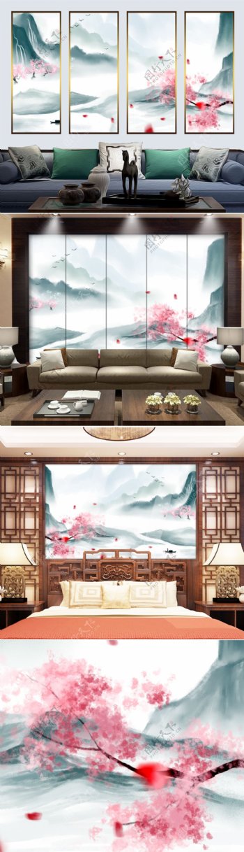 新中式中国风意境水墨山水电视沙发背景墙