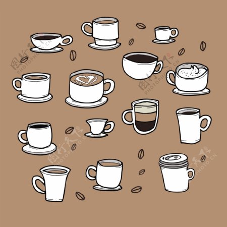 各种白色卡通咖啡杯插画设计