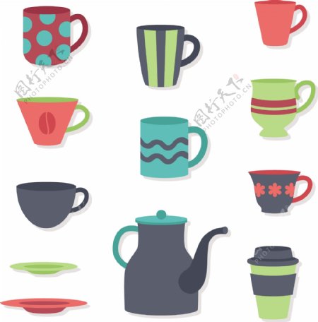 各种不同颜色款式的杯子茶壶插画元素