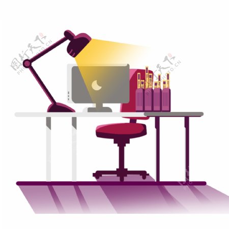 卡通扁平紫色台灯书桌原创元素
