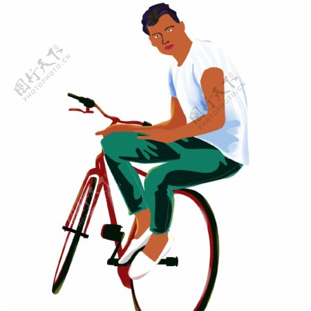 手绘复古坐在自行车上的少年可商用元素