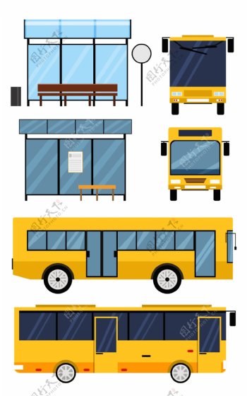 卡通的公交汽车和站台素材