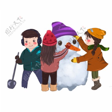 可爱堆雪人的三个小孩插画设计可商用元素