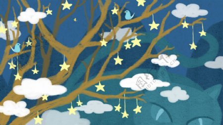 挂着星星的树木枝干白云卡通背景